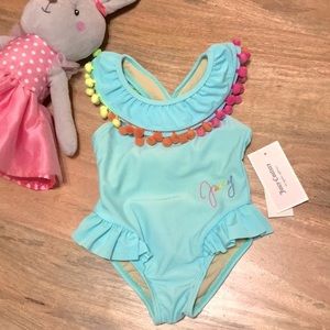 Juicy Couture light blue pom poms swimsuit